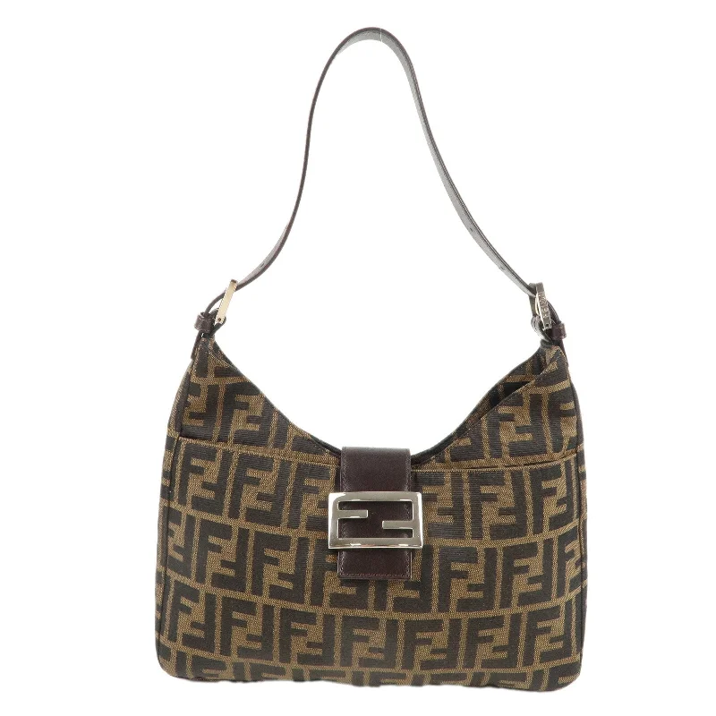 Fendi bags with a leather - bound notebook insert for jotting down notesFENDI Zucca Canvas Leather Shoulder Bag Brown Black 26569