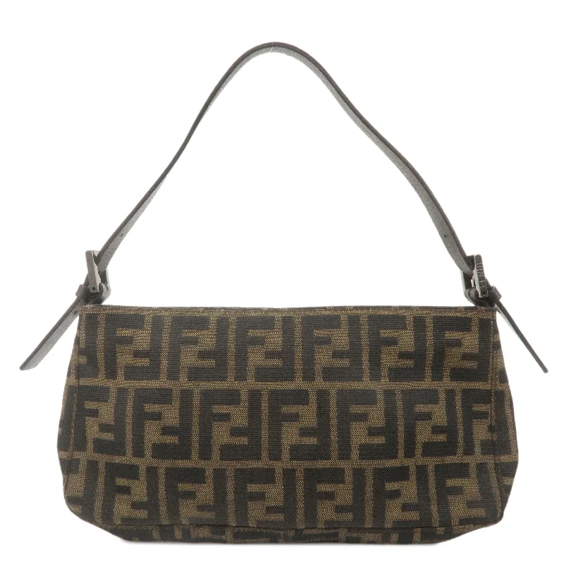 Fendi Baguette bags with a studded leather trim for a bold and edgy lookFENDI Zucca Canvas Leather Shoulder Bag Brown Black 8BR042