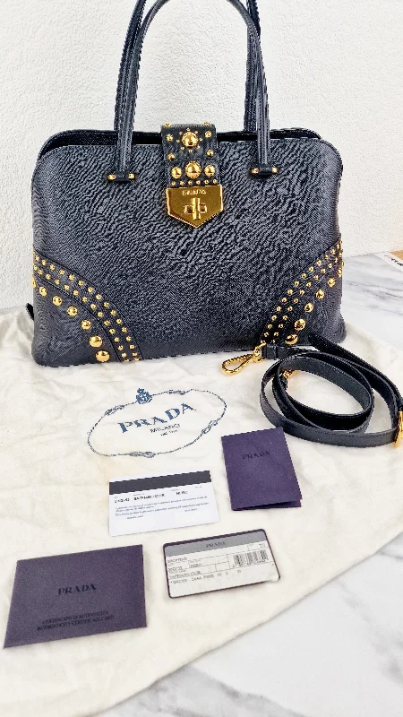 Prada tote bags with a water - resistant coating for outdoor activitiesPrada Saffiano Cuir Handbag in Black Leather with Gold Studs - Handbag Prada BN2753