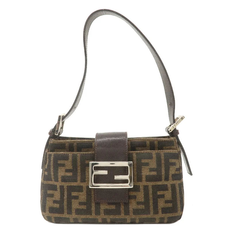 Fendi bags with a zip - top closure and a front - pocket for quick access to keys and cardsFENDI Zucca Canvas Leather Shoulder Bag Khaki Brown Black 26723