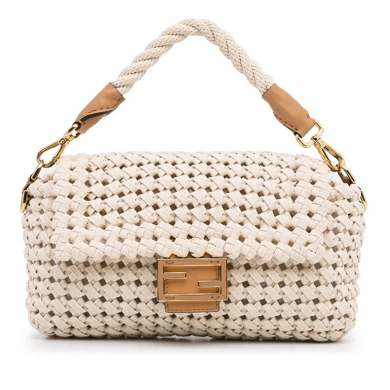 Ladies Fendi shoulder bags with a detachable phone stand for hands - free viewingFendi Baguette White Woven Canvas