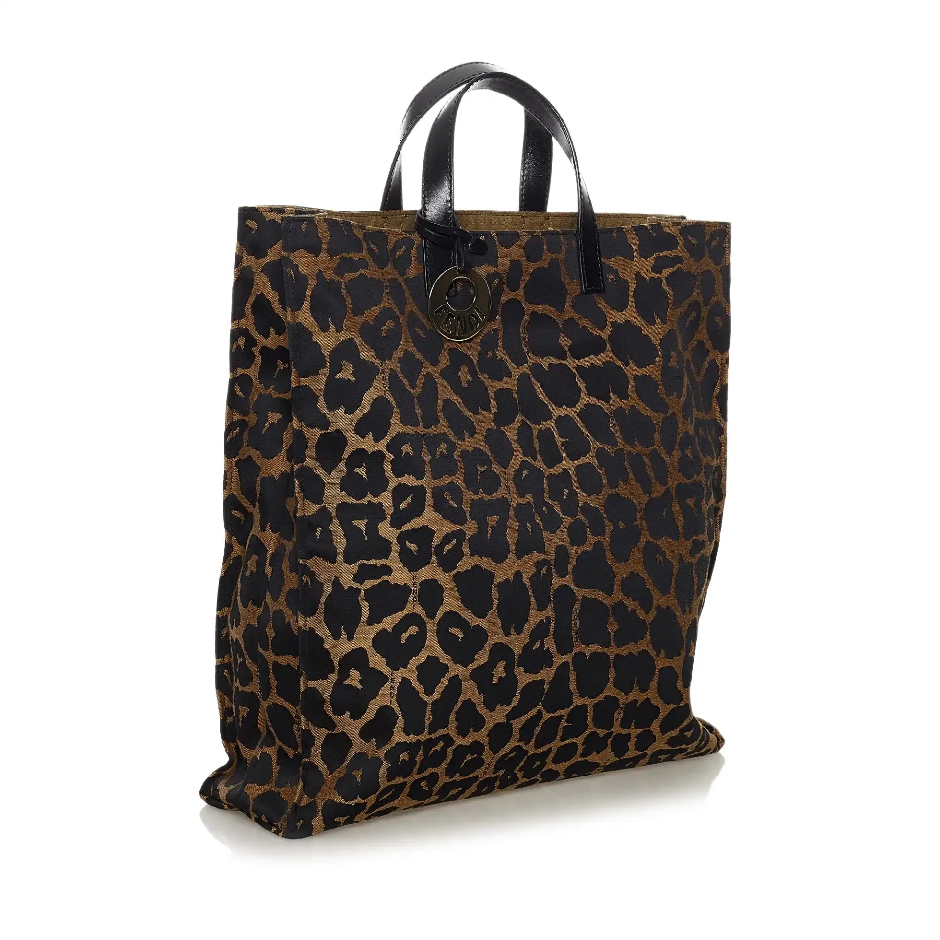 Fendi tote bags with a snap - button closure and a decorative charm for a fashionable and personalized lookFendi Tote Bag Brown Leopard Printed Nylon Canvas