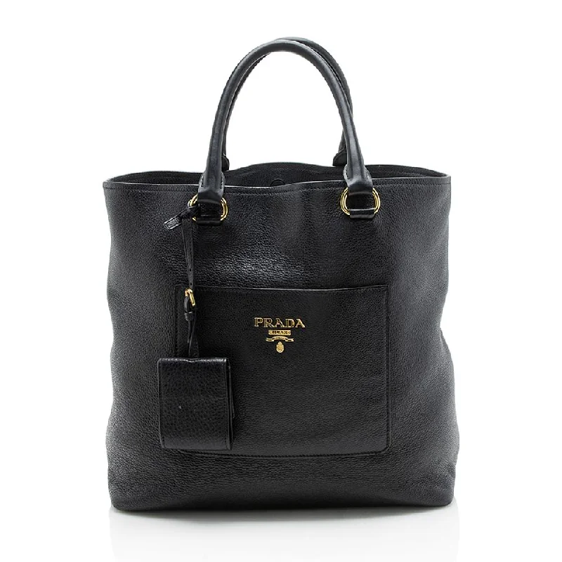 Prada bags with a snap - button closure and a decorative charm for a fashionable lookPrada Vitello Diano Leather North/South Tote (SHF-11605)