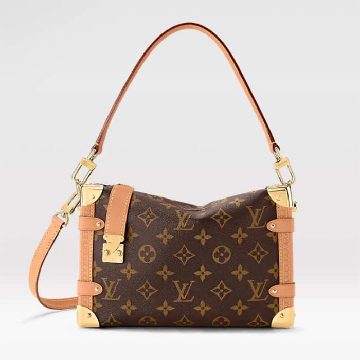 Louis Vuitton bags with a snap - button closure and a decorative charm for styleLouis Vuitton LV Women Side Trunk Monogram Coated Canvas Cowhide Leather