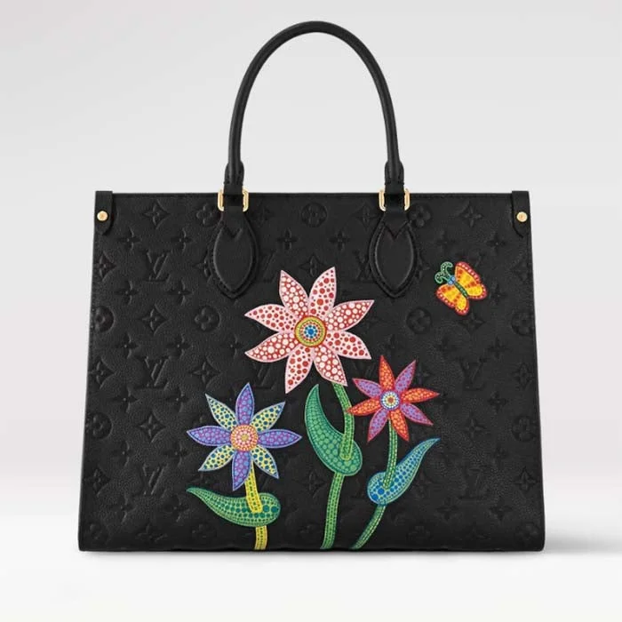 Ladies Louis Vuitton shoulder bags with a single - handle silhouetteLouis Vuitton LV Women LV x YK OnTheGo MM Black Embossed Grained Monogram Cowhide Leather Flower