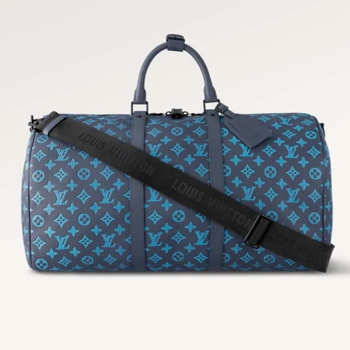 Louis Vuitton crossbody bags with a woven leather strap for textureLouis Vuitton LV Unisex Keepall Bandoulière 50 Navy River Blue Calf Leather Cowhide