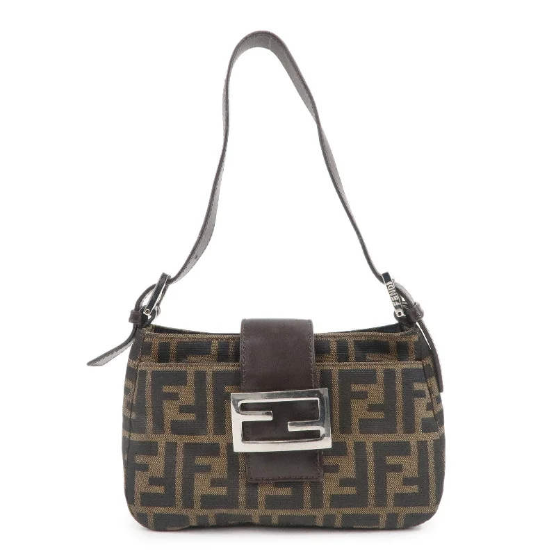 Fendi handbags with a metal - framed clasp for durability and a stylish lookFENDI Zucca Canvas Leather Shoulder Bag Brown Black 26723