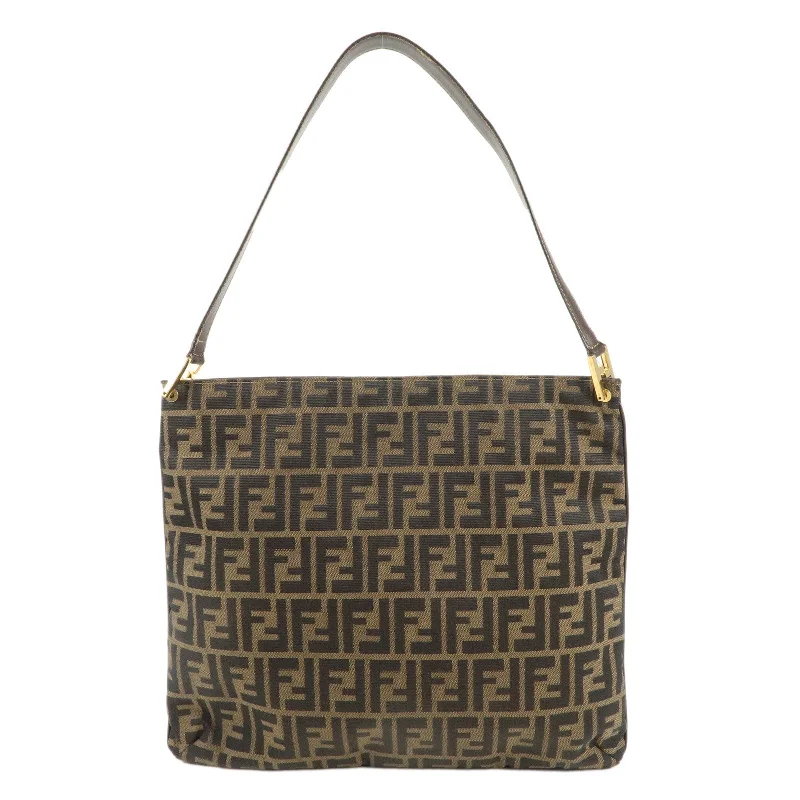 Fendi handbags with a metallic - finish FF logo for a bold and glamorous lookFENDI Zucca Canvas Leather Shoulder Bag Khaki Black Brown 15082