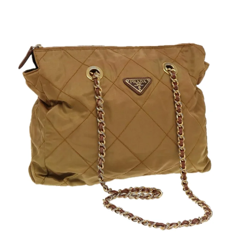 Ladies Prada Galleria bags with a detachable shoulder strapPRADA Chain Shoulder Bag Nylon Brown Gold Auth bs17234