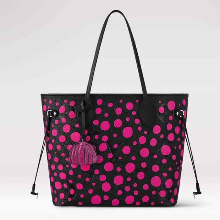 Louis Vuitton bags with a snap - button closure and a decorative charm for styleLouis Vuitton Women LV x YK Neverfull MM Black Fuchsia Embossed Grained Monogram Empreinte Cowhide