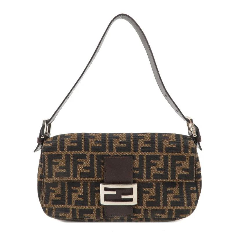 Fendi handbags with a glow - in - the - dark FF logo for a fun and unique featureFENDI Zucca Mamma Baguette Canvas Leather Shoulder Bag 26424