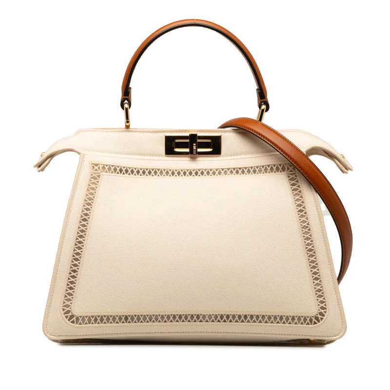 Fendi bags with a front - zip pocket for small items such as lip balm and earphonesFendi Peekaboo Ixi Yu Medium Handbag Shoulder Bag 2WAY 8BN321 White Canvas  Fendi