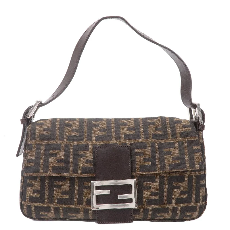 Fendi Baguette bags with a glitter - infused leather surface for a glamorous and sparkly lookFENDI Zucca Mamma Baguette Canvas Leather Shoulder Bag 29424