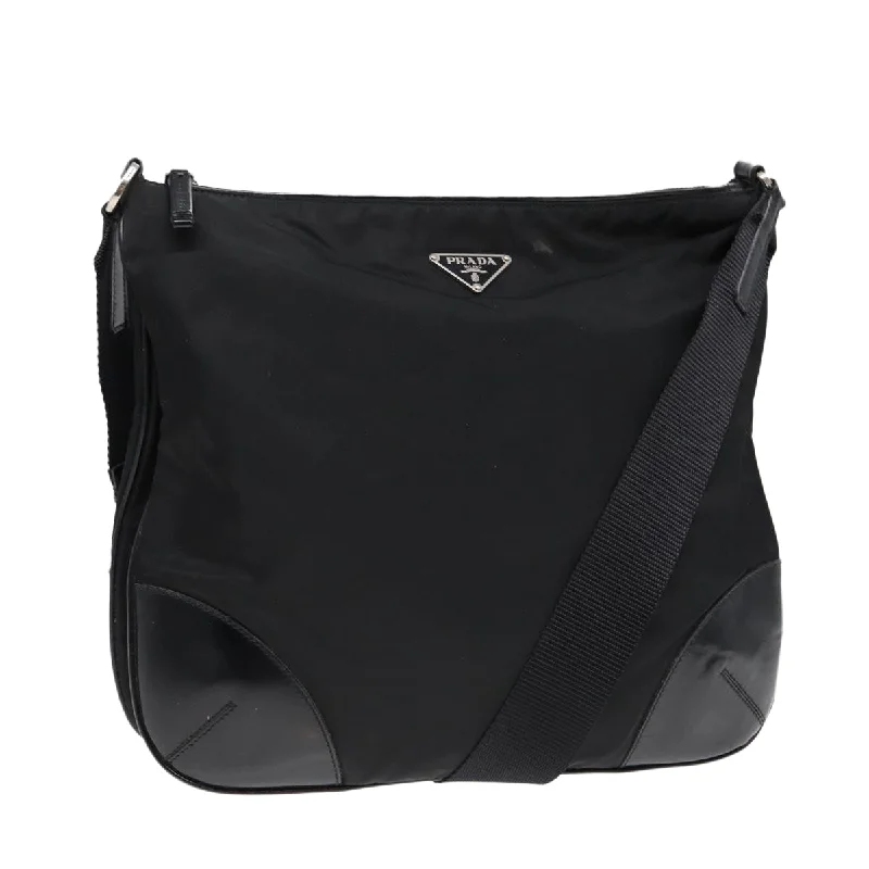 Ladies Prada shoulder bags with a single - handle design for simplicityPRADA Shoulder Bag Nylon Black Silver Auth yk14370