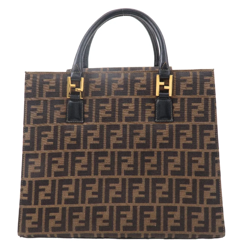 Ladies Fendi shoulder bags with a tassel - decorated zipper for added charm and styleFENDI Zucca Canvas Leather Tote Bag Brown Black 15095