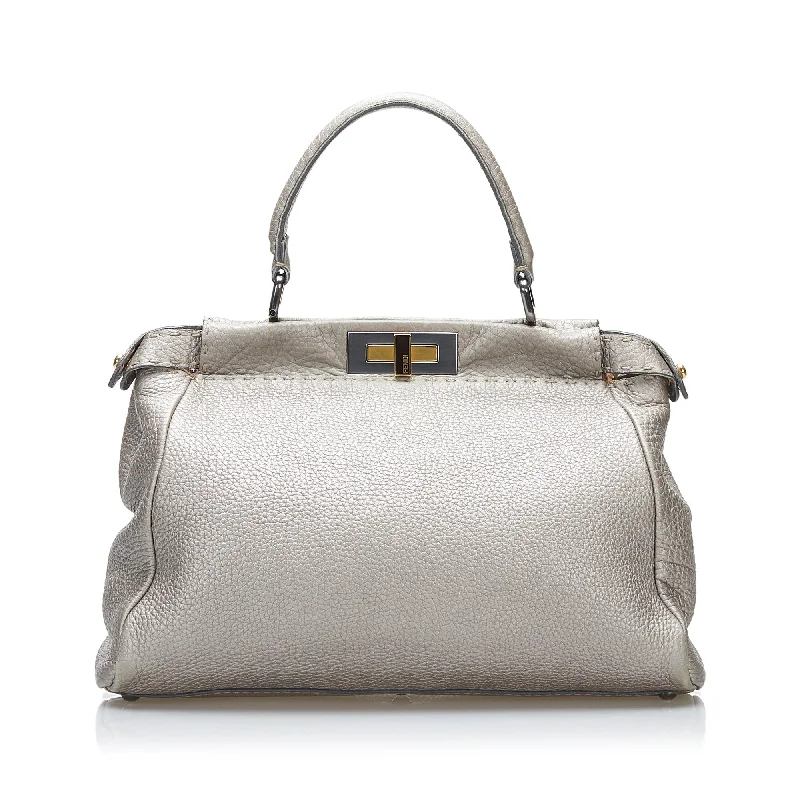 Fendi bags with a front - zip pocket for small items such as lip balm and earphonesFendi Selleria Peekaboo Handbag Silver