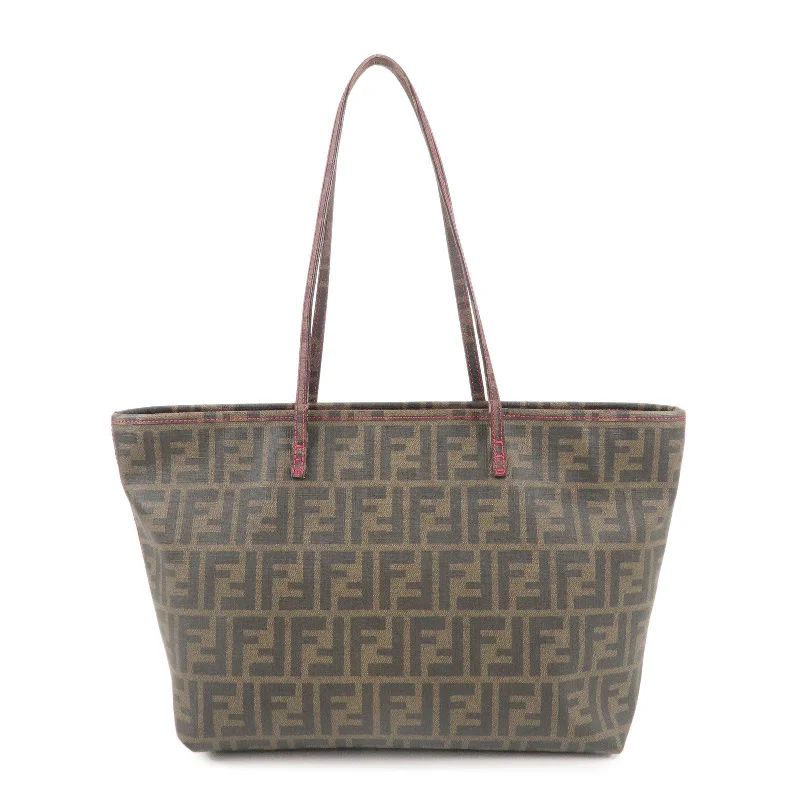 Ladies Fendi Peekaboo bags with a hand - carved leather detail for a unique and artisanal touchFENDI Zucca Logo Print PVC Tote Bag Brown Black Pink 8BH198