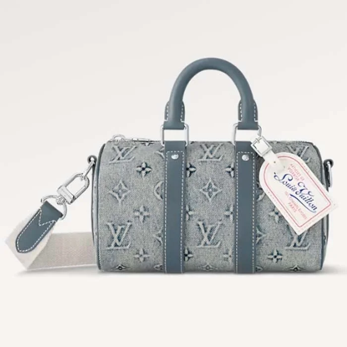 Louis Vuitton backpacks with a padded laptop compartment for travelLouis Vuitton LV Unisex Keepall Bandoulière 25 Monogram Washed Denim Canvas Cowhide Leather