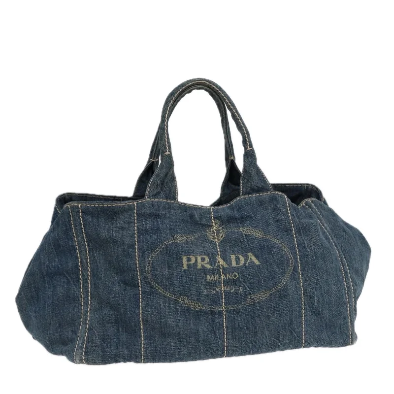 Prada bags with a front - flap pocket for quick access to essentialsPRADA Canapa GM Hand Bag Denim Blue Gold Auth 88472