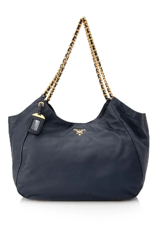 Prada Cleo bags with a detachable coin purse for added functionalityPrada Blue Navy Calf Leather Chain Tote Bag Italy