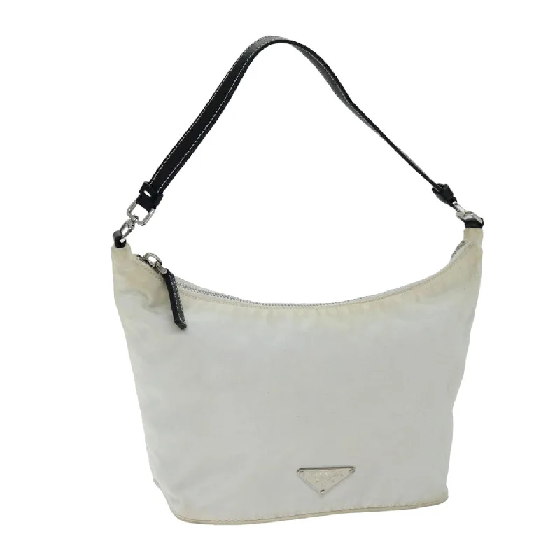 Ladies Prada shoulder bags with a tassel - adorned zipper for added charmPRADA Shoulder Bag Nylon Leather White Black Auth 75215