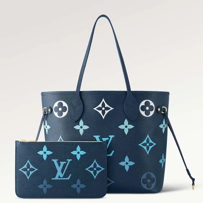 Louis Vuitton bags with a chain - link trim and a leather body for a modern edgeLouis Vuitton LV Unisex Neverfull MM Gradient Blue Monogram Empreinte Embossed Cowhide Leather