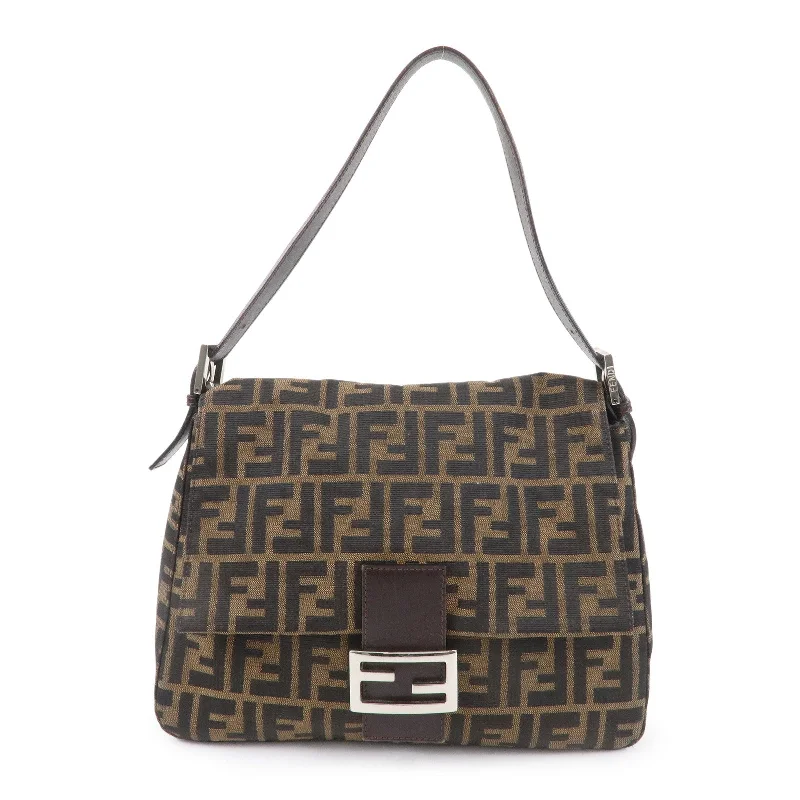 Fendi tote bags with a double - handle and shoulder - strap option for versatile carryingFENDI Zucca Canvas Leather Shoulder Bag Brown Khaki Black 26325