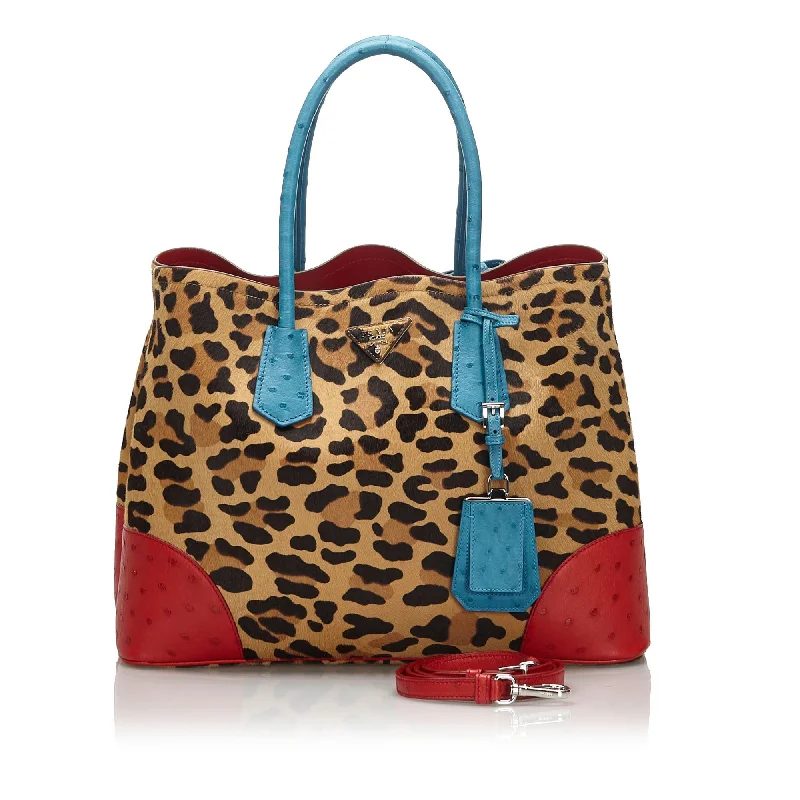 Ladies Prada shoulder bags with a wide - width strap for enhanced comfortPrada Brown Leopard Print Calf Hair Ostrich Double Tote Bag Italy