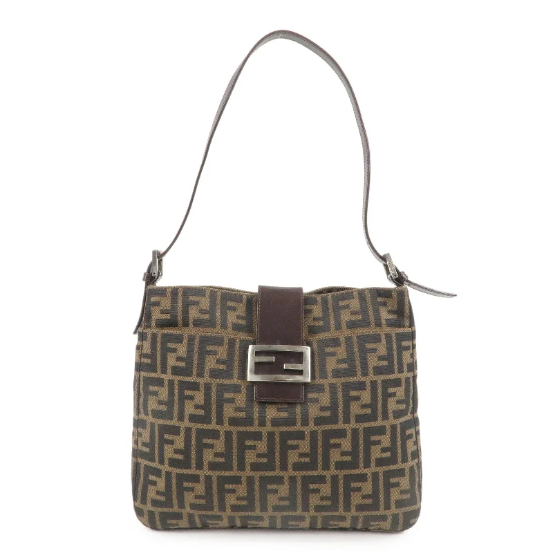 Fendi tote bags with a snap - button closure and a decorative charm for a fashionable and personalized lookFENDI Zucca Canvas Leather Shoulder Bag Brown Black 26727