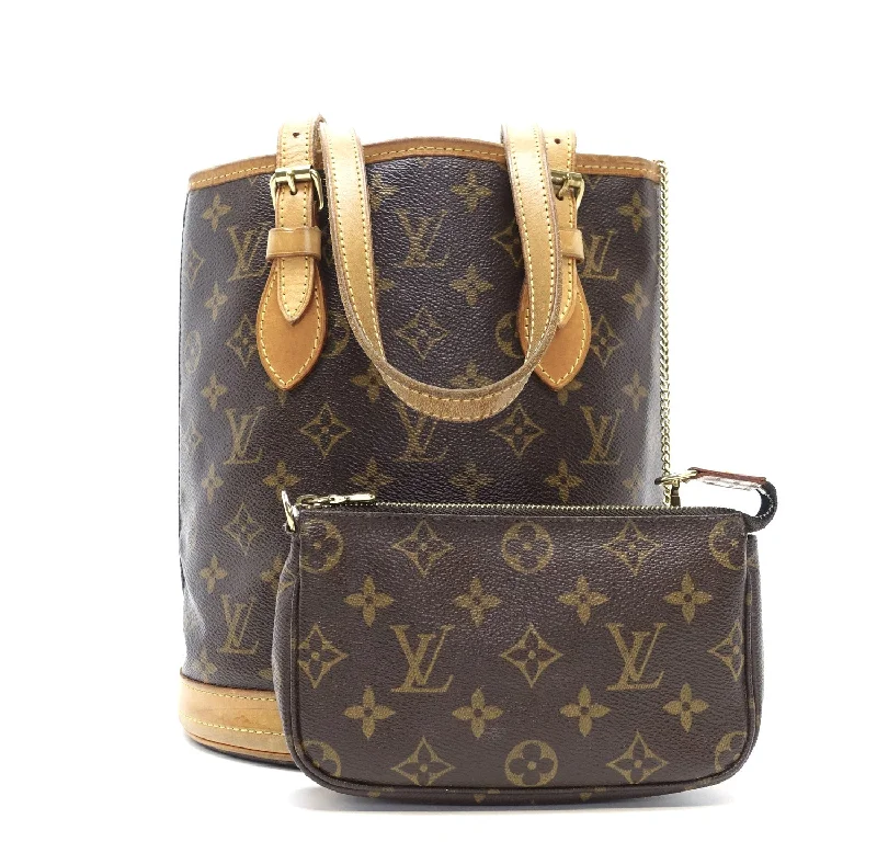 Louis Vuitton tote bags with a printed LV logo on the front for brand visibilityPetit Bucket Monogram Canvas Shoulder Bag with Pochette Bag