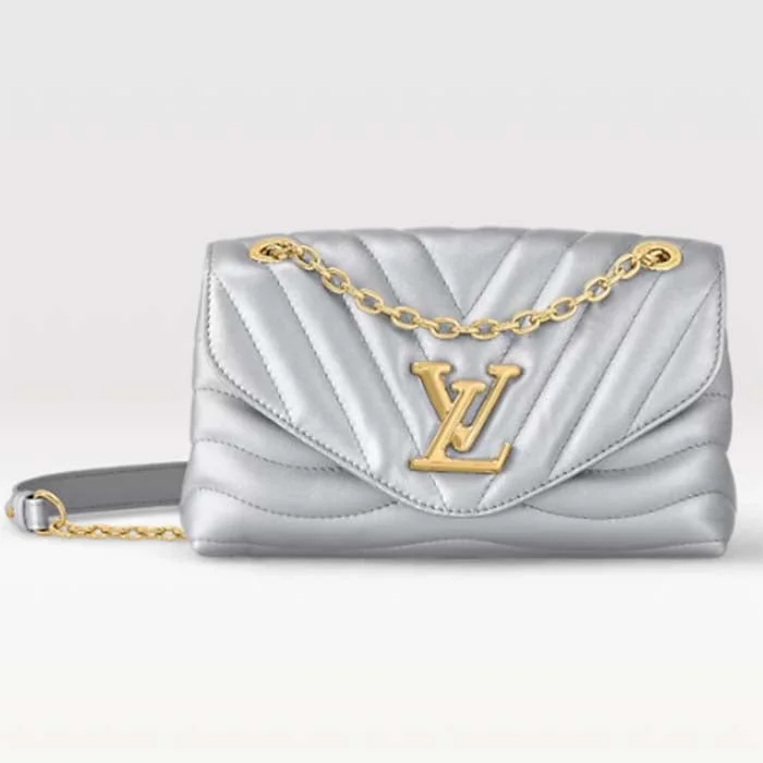 Louis Vuitton Twist bags with the iconic LV - turnlock closureLouis Vuitton LV Women New Wave Chain Bag MM Metallic Gray Quilted Cowhide Leather