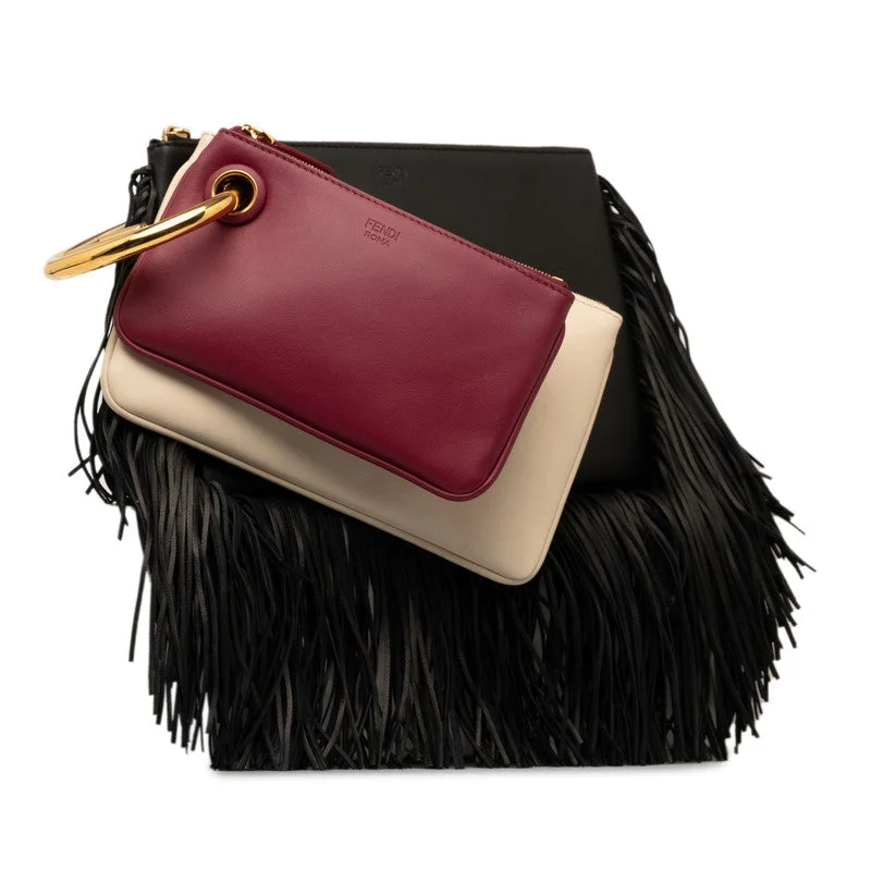 Fendi bags with a voice - activated pocket opener for a high - tech convenienceFendi Triplets Fringe Pouch Backpack 8BS001 Black White Red Leather  Fendi