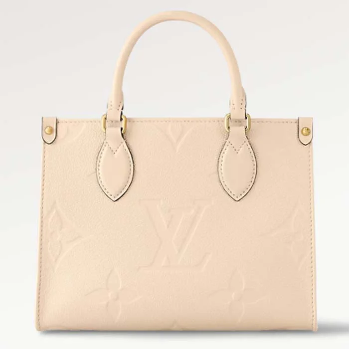 Louis Vuitton bags with a detachable mirror inside for on - the - go touch - upsLouis Vuitton LV Women Onthego PM Tote Crème Beige Embossed Grained Cowhide Leather