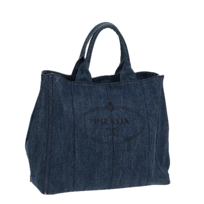 Ladies Prada shoulder bags with a wide - width strap for enhanced comfortPRADA Canapa Tote Bag Denim Blue Gold Auth 88512