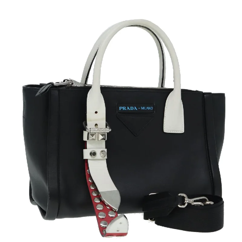 Ladies Prada Galleria bags with gold - toned hardware for a luxurious touchPRADA Hand Bag Leather 2way Black White Silver Auth 88091