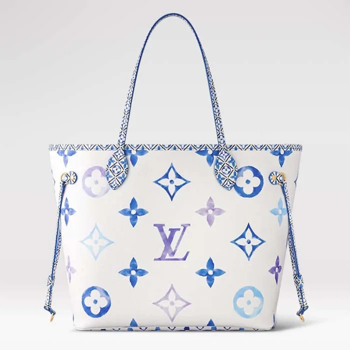 Louis Vuitton Petite Malle bags with a hard - shell structure for uniquenessLouis Vuitton LV Unisex Neverfull MM Blue Monogram Coated Canvas Textile Lining