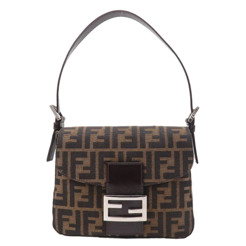 Fendi bags with a chain - link trim and a leather body for a modern and edgy lookFENDI Zucca Canvas Leather Shoulder Bag Hand Bag Brown 16464