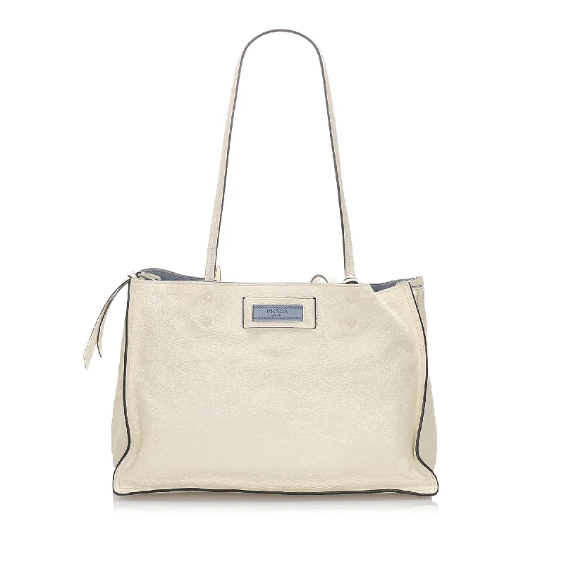 Prada bags with a chain - link trim and a leather body for a modern and stylish edgePrada White Calf Leather Etiquette Tote Bag Italy