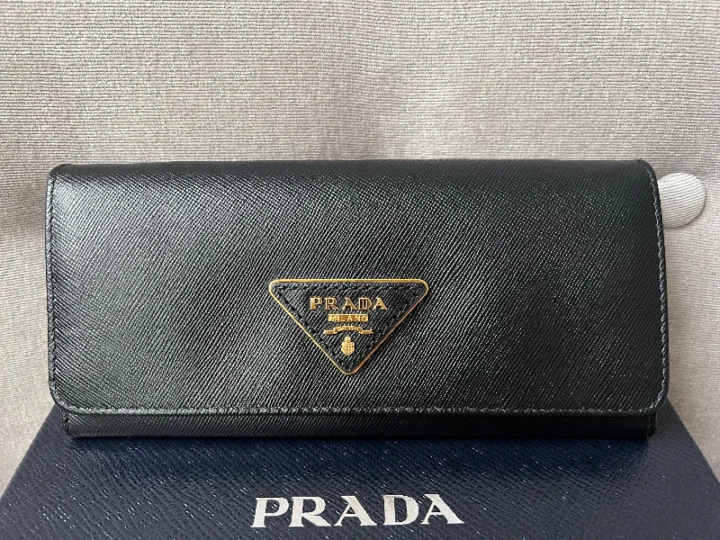 Prada bags with a snap - button closure and a decorative charm for a fashionable lookPrada Black Long Tessuto Wallet