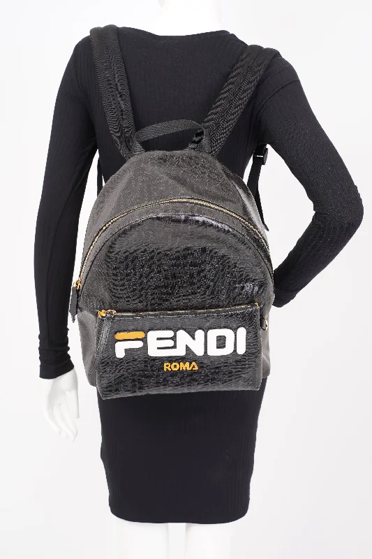 Fendi By The Way bags with a large capacity and a drawstring closureFendi Fendimania Backpack Black / White / Orange Logo Coated Canvas