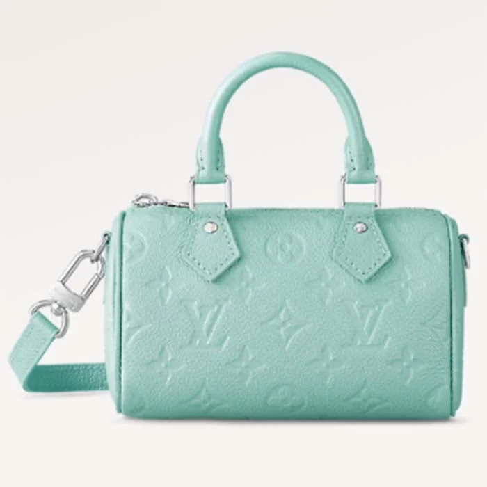 Ladies Louis Vuitton Capucines bags with a detachable shoulder strapLouis Vuitton LV Women Nano Speedy Blue Monogram Empreinte Embossed Supple Grained Cowhide