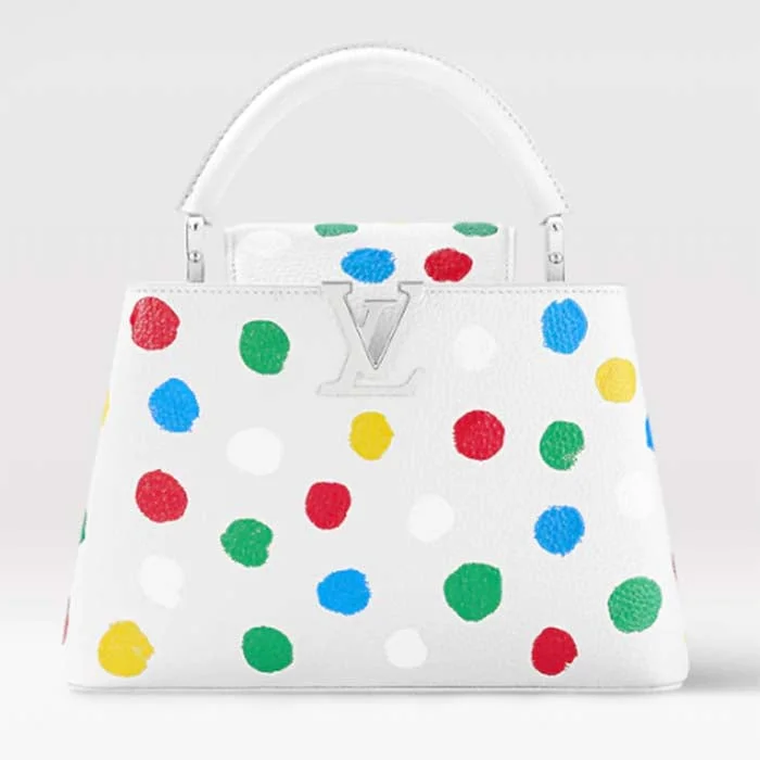 Ladies Louis Vuitton handbags with a detachable coin purse insideLouis Vuitton Women LV x YK Capucines BB White Taurillon Bull Calf Leather 3D Painted Dots