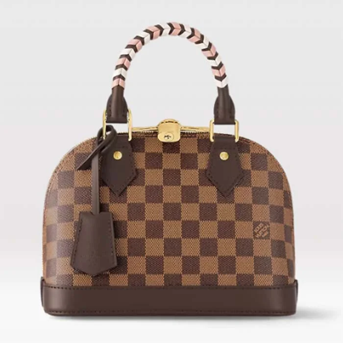 Louis Vuitton handbags with a patent - leather finish for a shiny lookLouis Vuitton LV Women Braided Alma BB Brown Damier Ebene Coated Canvas