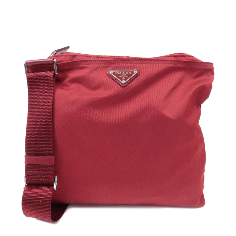 Ladies Prada shoulder bags with a wide - width strap for enhanced comfortPRADA Logo Nylon Leather Shoulder Bag Crossbody Bag Red