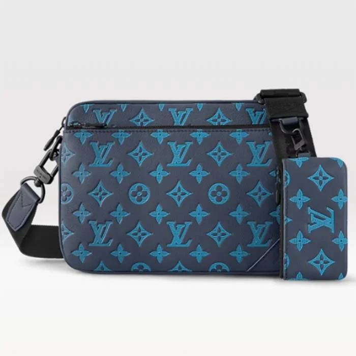 Ladies Louis Vuitton Petite Malle bags in a pastel color for a soft lookLouis Vuitton LV Unisex Trio Messenger Navy River Blue Calf Leather Textile Lining