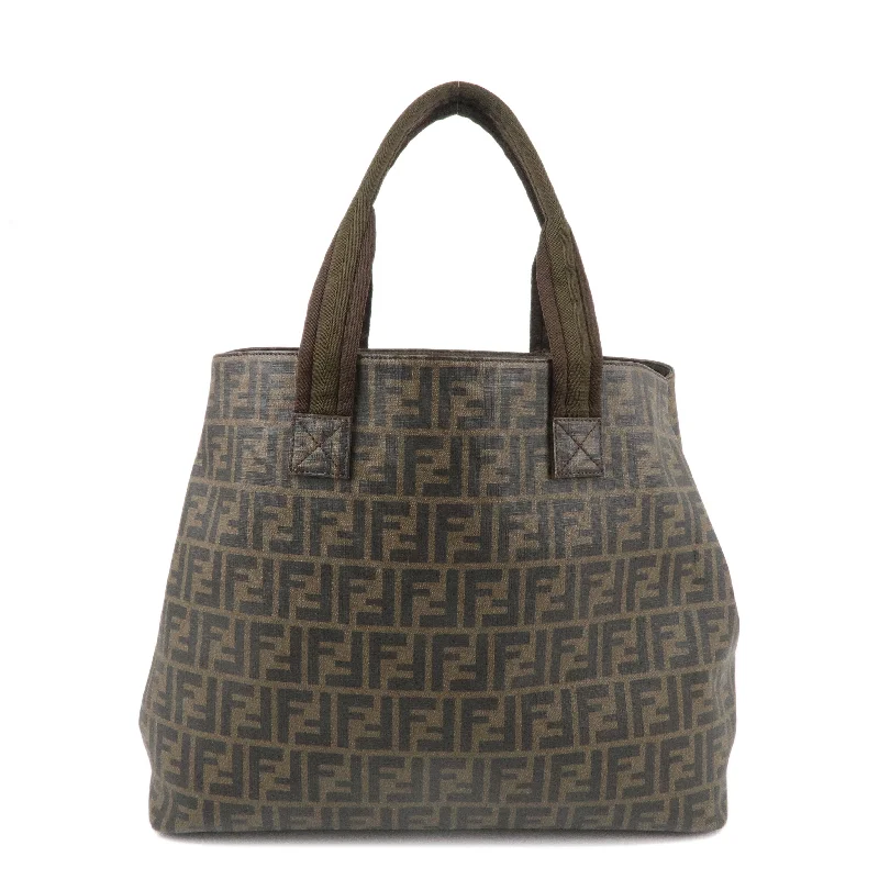 Fendi By The Way bags with a contrast - colored interior for visual interestFENDI Zucca Canvas Leather Tote Bag Khaki Black Brown 7VA271