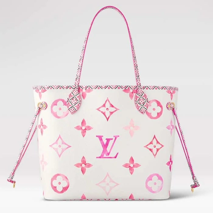 Louis Vuitton bags with a chain - link trim and a leather body for a modern edgeLouis Vuitton LV Unisex Neverfull MM Pink Monogram Coated Canvas Textile Lining