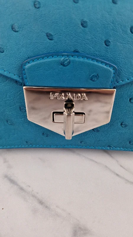 Prada tote bags with a spacious interior and a magnetic - snap closurePrada Bag in Voyage Blue Ostrich Leather With Turnlock - RARE Handbag - Prada BN2708 Struzzo