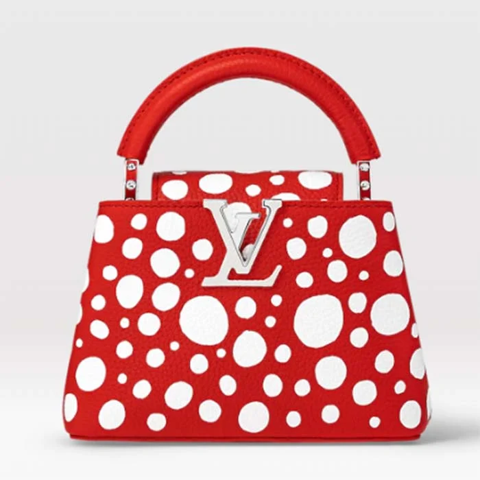 Louis Vuitton handbags with a metal - framed clasp for durabilityLouis Vuitton Women LV x YK Capucines Mini Red Taurillon Bull Calf Leather Infinity Dots Print