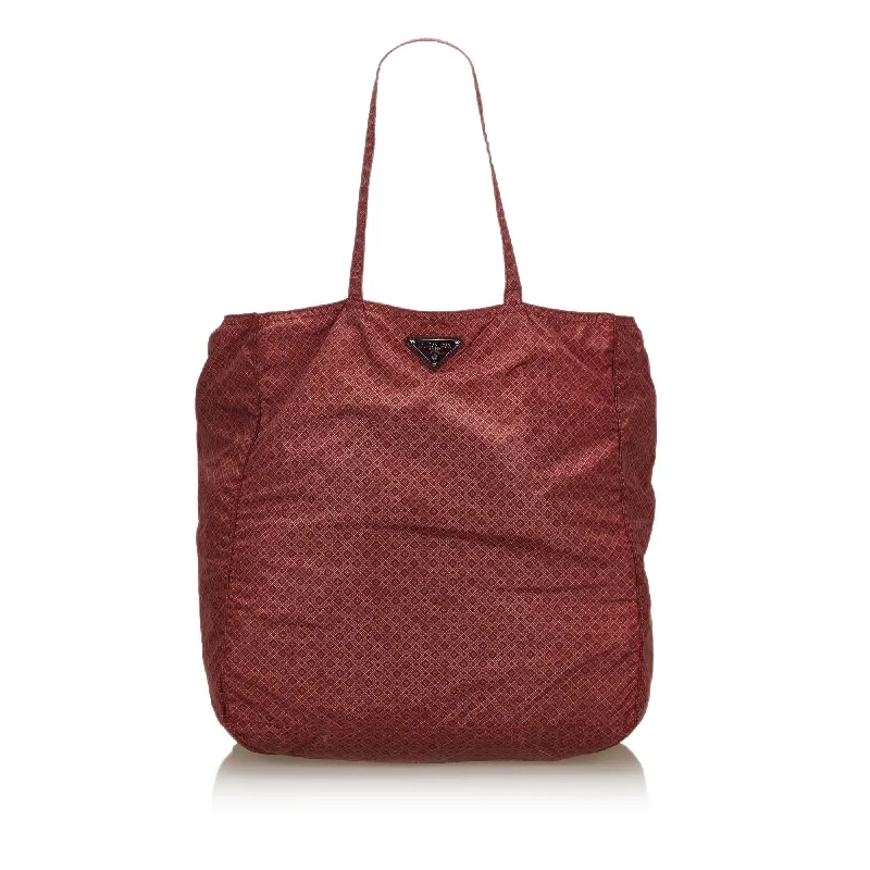 Prada handbags with a metal - framed clasp for durability and stylePrada Red Nylon Fabric Printed Tote Bag Italy